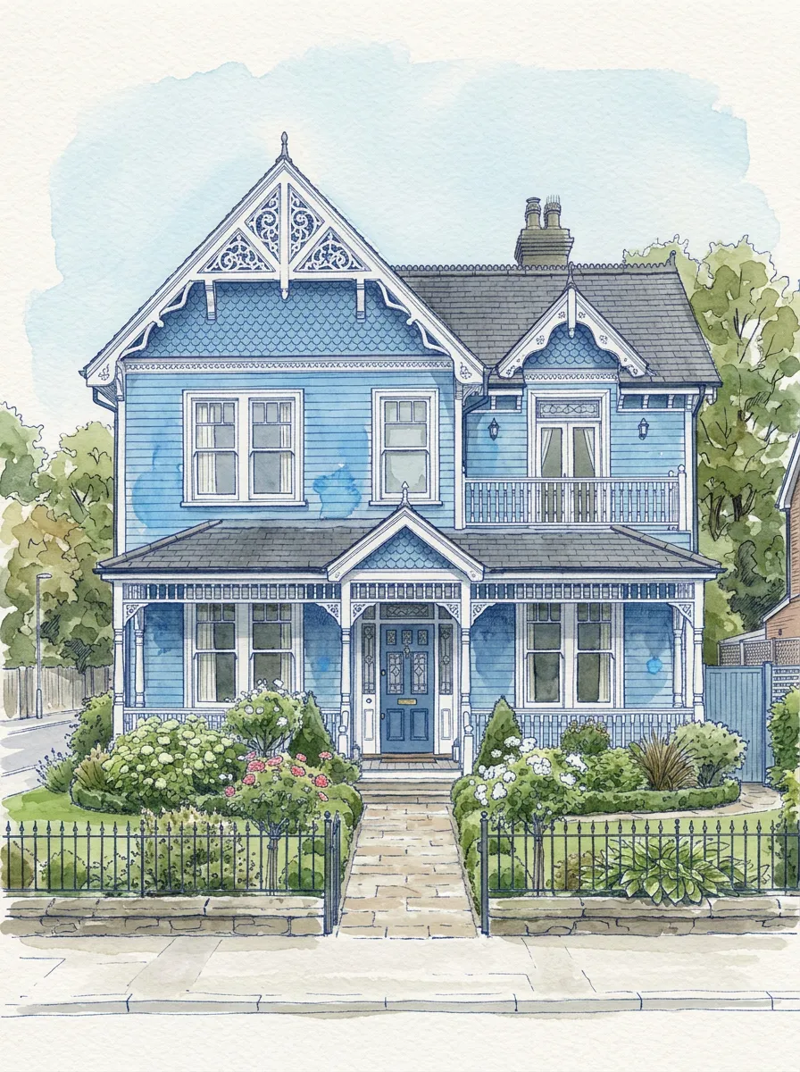 Architectural ink and watercolor house portrait