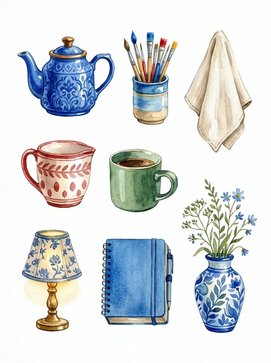 Coordinated watercolor objects on white paper