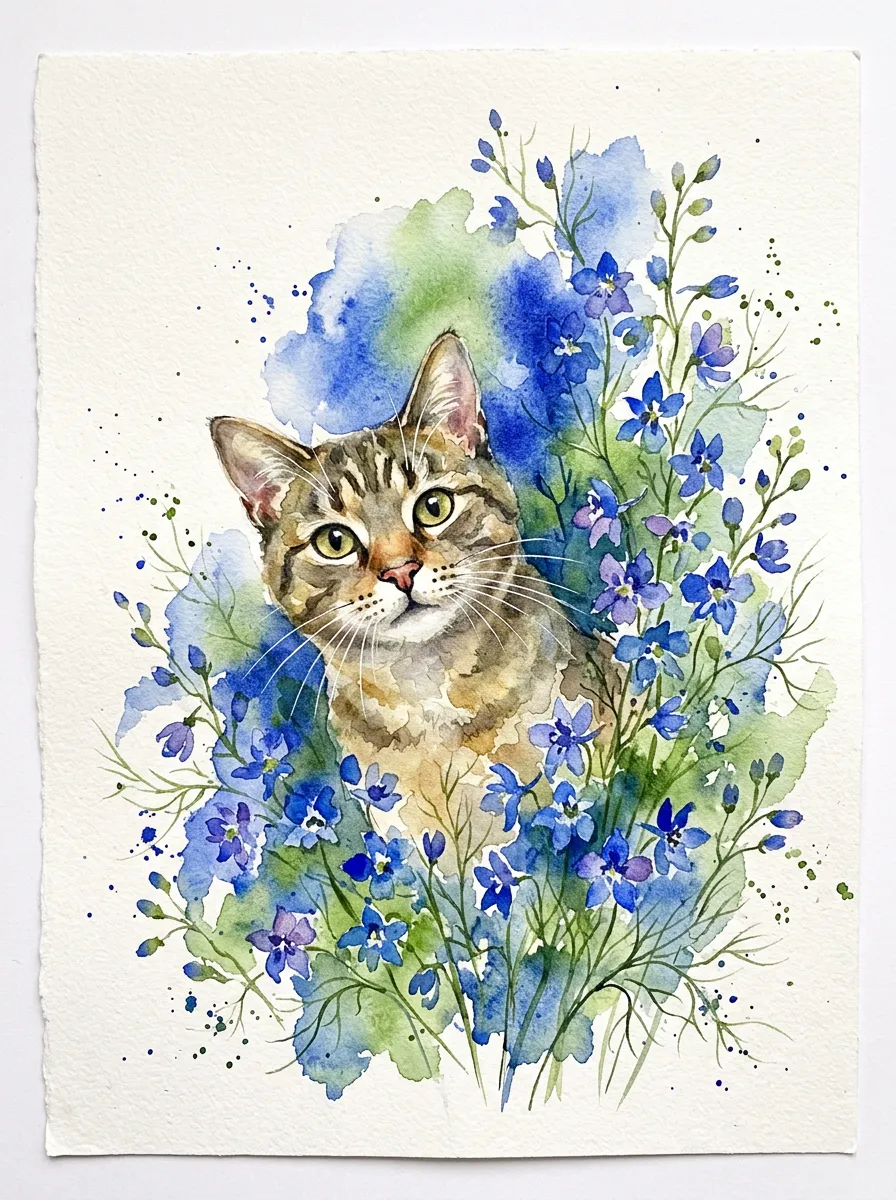 Watercolor portrait of a tabby cat in blue flowers