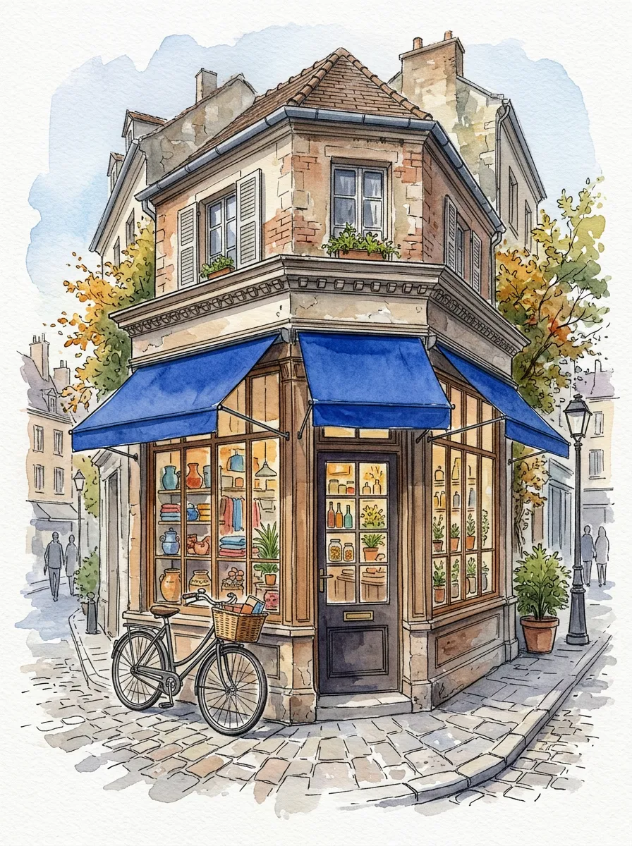 Ink and watercolor bookshop storefront illustration