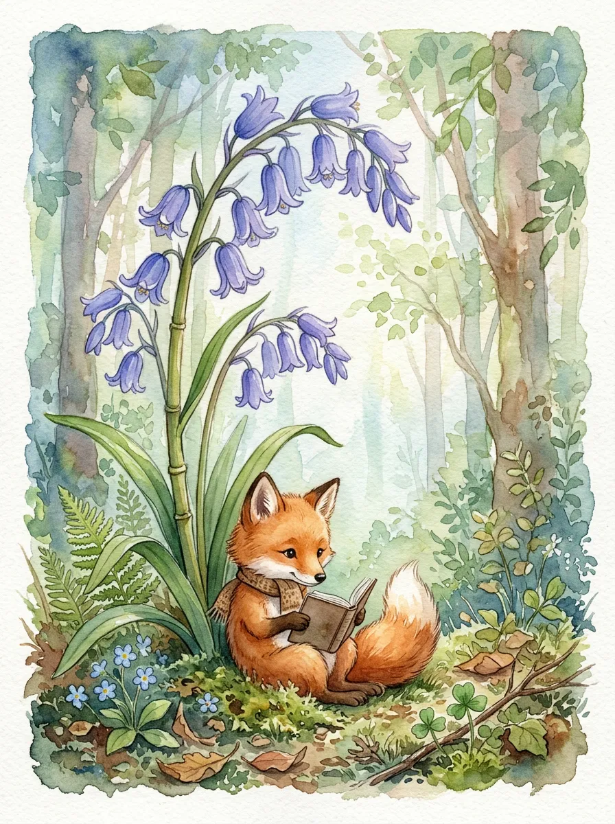 Watercolor storybook illustration of a fox reading
